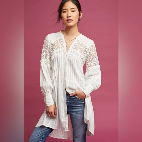 FEATHER BONE by‎ ANTHROPOLOGIE Lucille Pintucked Lace Tunic in Ivory - Picture 2 of 12